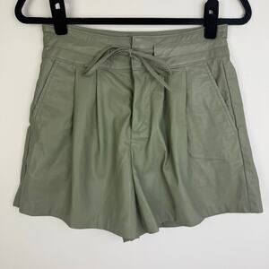 NWT Blank NYC Womens Vegan Leather High Rise Sage Green Pleat Drawcord Shorts 26